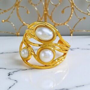 18K Gold Plated Adjustable Ring With Faux Pearls Artistic Trendy Swirl Design